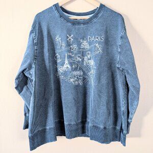 Jane & Delancey Paris Map Novelty Embroidered Crewneck Sweatshirt Faded Blue 1X